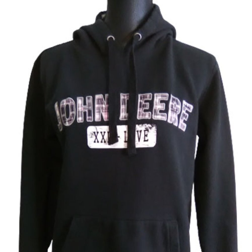 JOHN DEERE XXL-LOVE Black w/Pink Plaid Hoodie Sweatshirt (S)